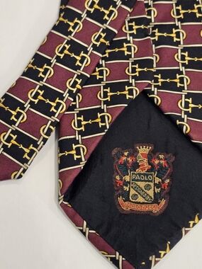 Paolo Gucci Horsebit Burgundy Gold Black Necktie Tie Silk Quality Classic